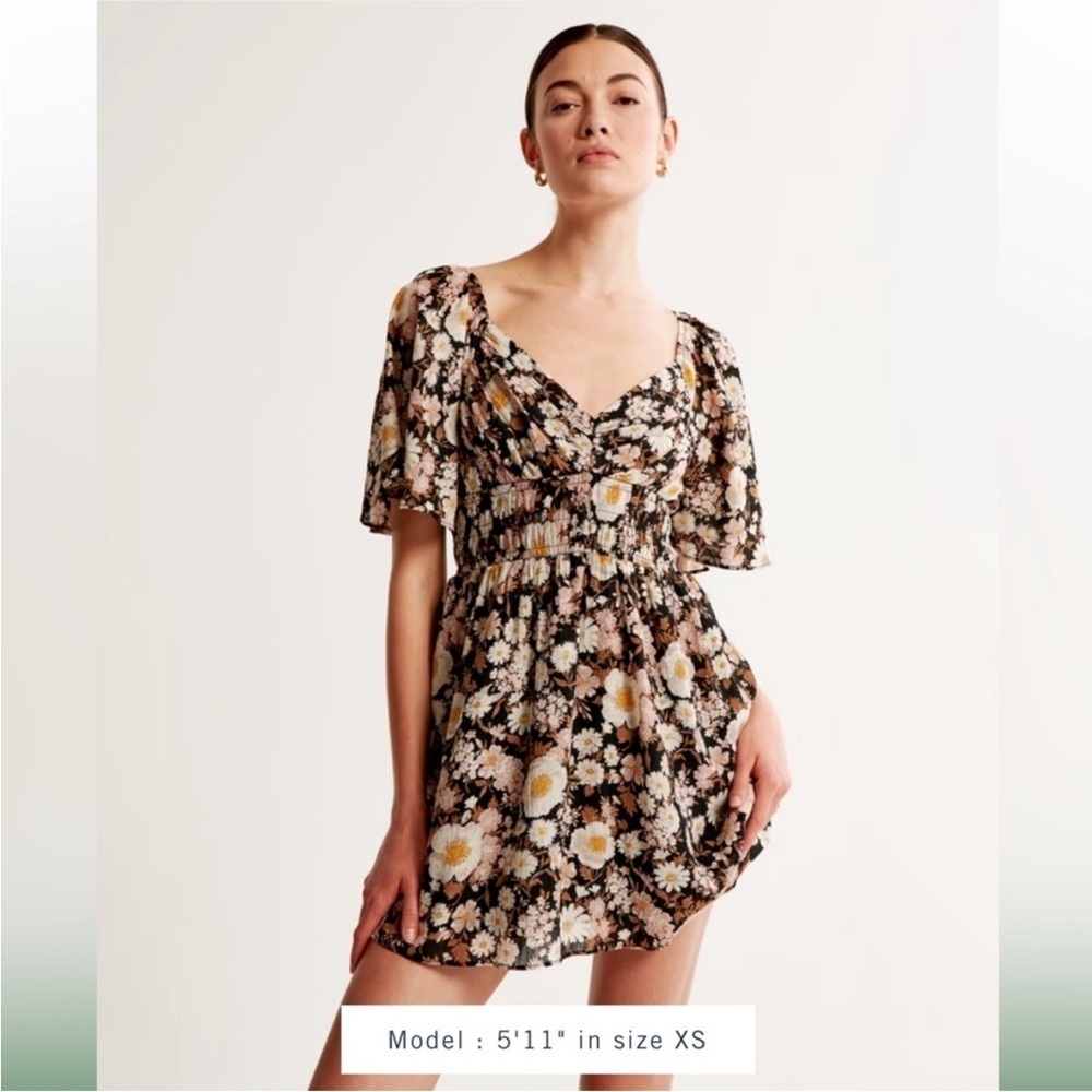 ABERCROMBIE & Fitch Angel Sleeve Smocked Waist Mini Dress Floral Size S Tall - Picture 2 of 8